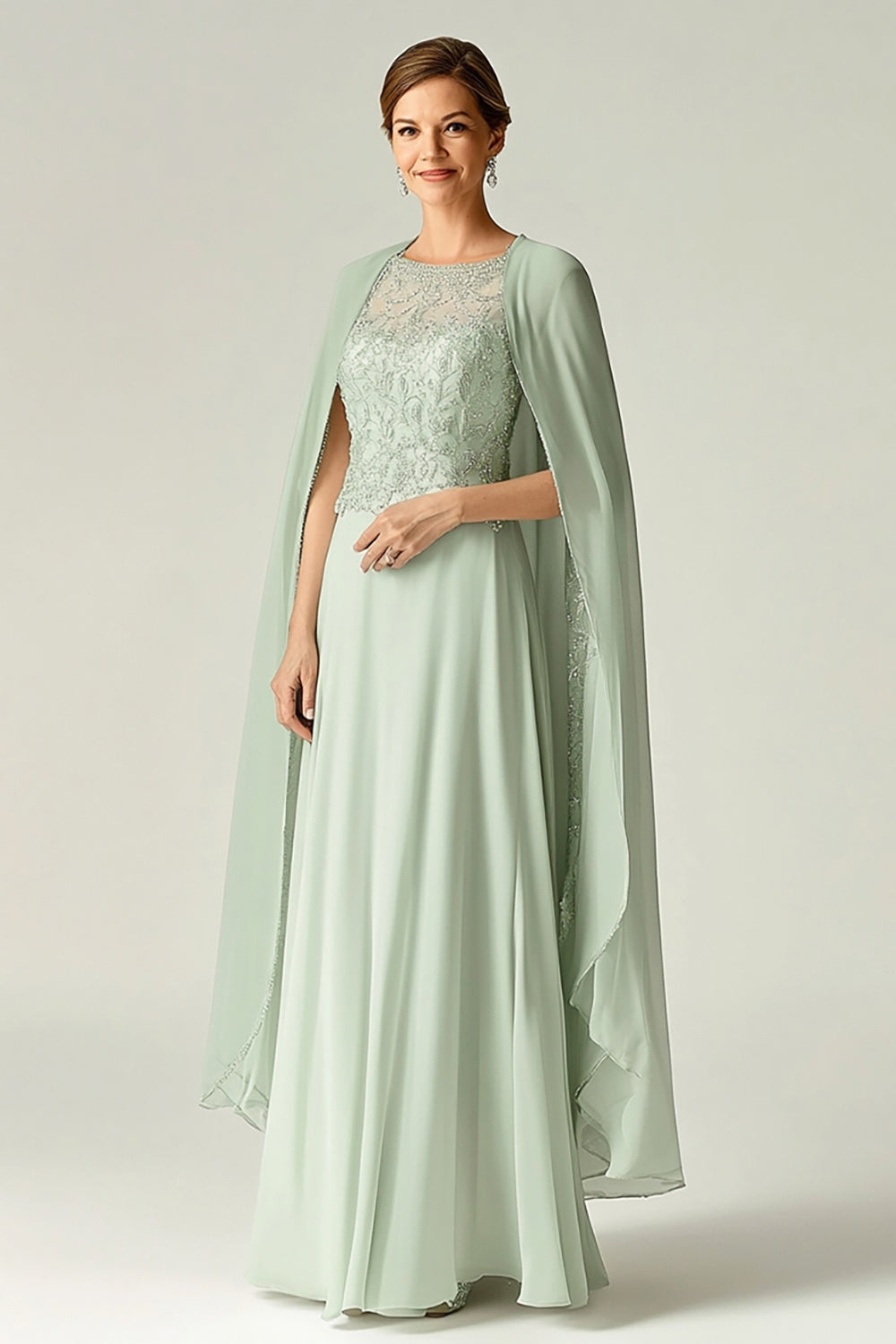 Leely Women Mint A-Line Chiffon Mother of the Bride Dress with Cape Maxi Wedding Guest Dress