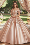 Blush Ball Gown Off the Shoulder Satin Princess Quinceañera Dress with Appliques