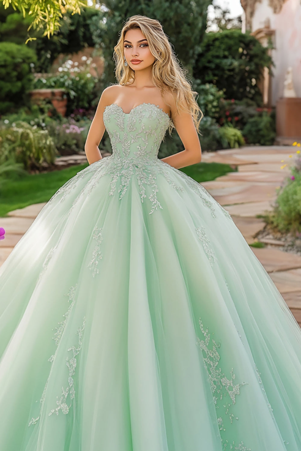 Mint Ball Gown Tulle Sweetheart Appliqued Maxi Quinceañera Dress