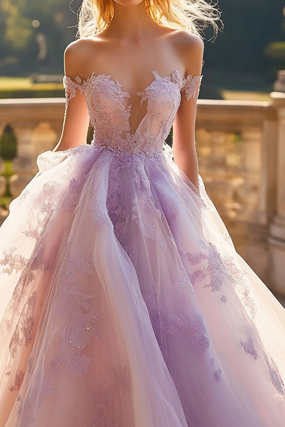 Lilac Ball Gown Off the Shoulder Tulle Quinceañera Dress with Lace Appliques