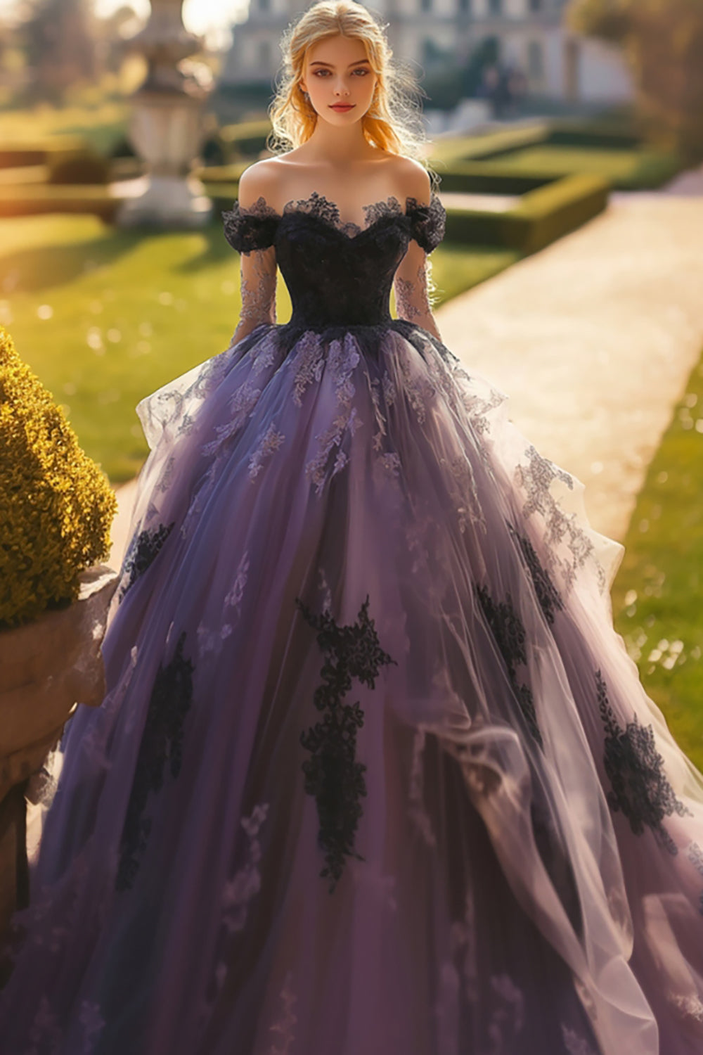 Leely Women Princess Black Maxi Quinceañera Dress Ball Gown Off the Shoulder Tulle Quince Dress with Lace Appliques