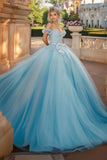 Princess Sky Blue Tulle Laced Appliques Quinceañera Dress with Bow