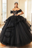 Princess Black Ball Gown Off the Shoulder Lace Ruffled Tulle Quinceañera Dress
