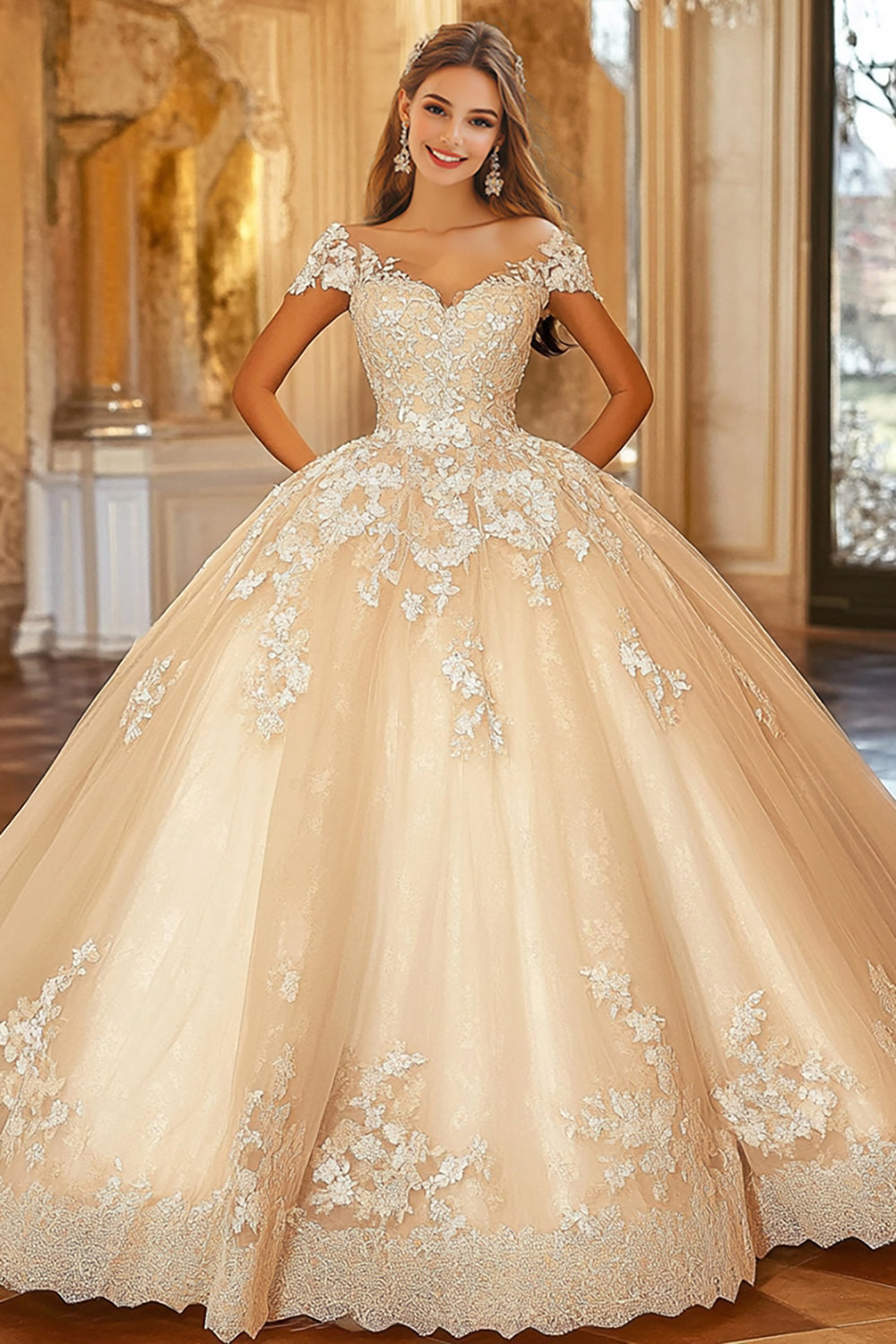 Champagne Ball Gown Cap Sleeves Appliqued Maxi Quinceañera Dress