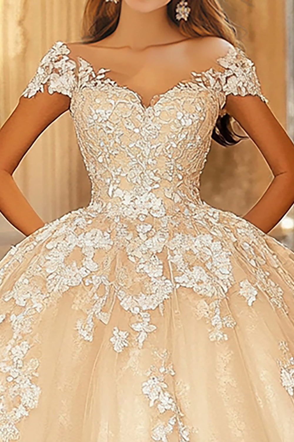 Champagne Ball Gown Cap Sleeves Appliqued Maxi Quinceañera Dress