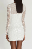 Sparkly White Bodycon Graduation Dress with Long Sleeves