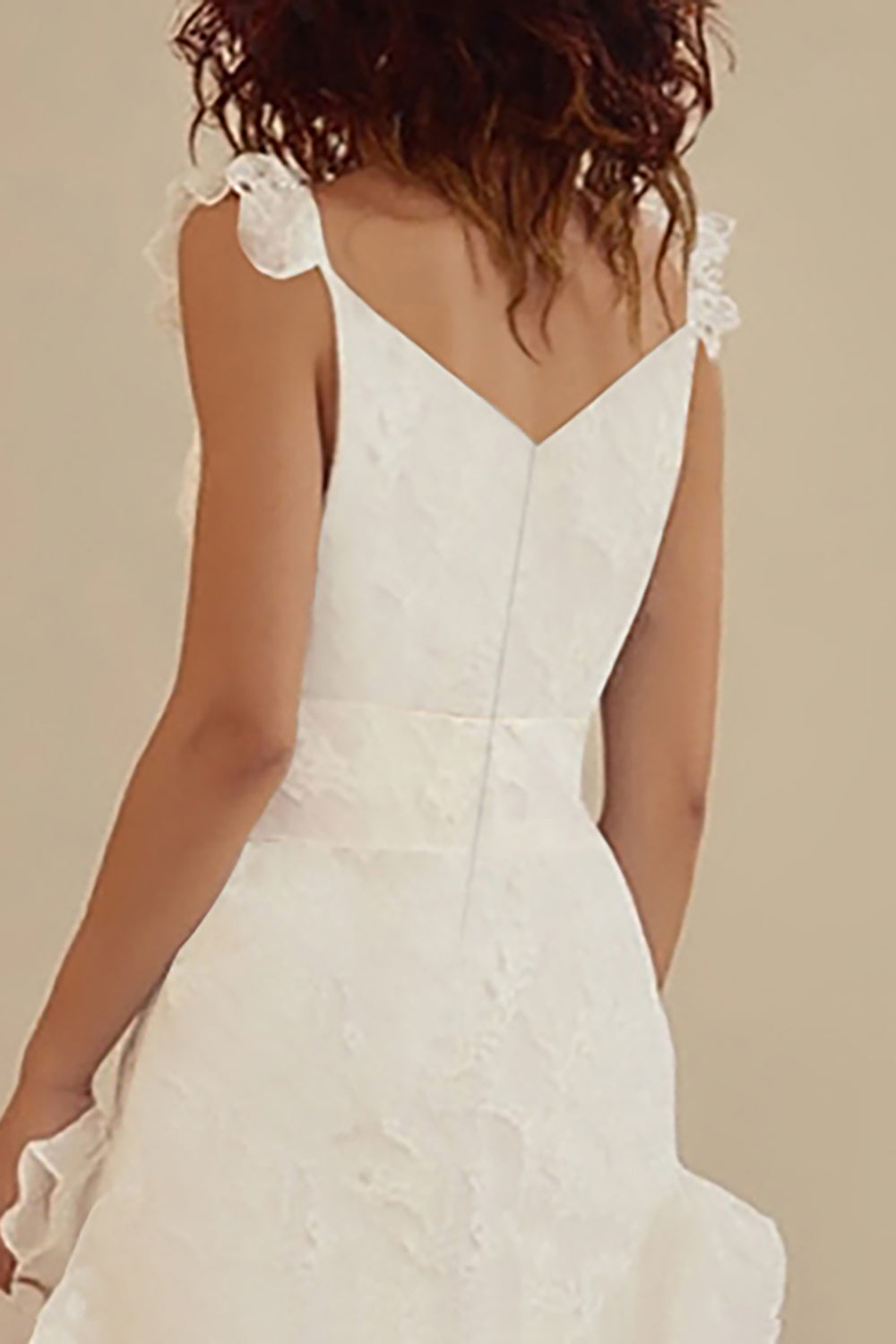 White Lace Deep V-Neck Graduation Dress with Ruffles
