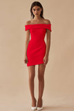 Red Petite Length Sheath Off the Shoulder Cocktail Dress