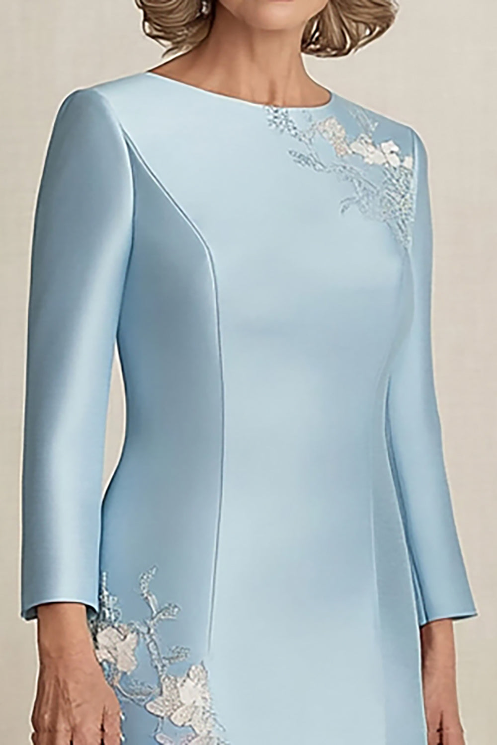 Sky Blue Scoop Neck Satin Applique Mother of the Bride Dress