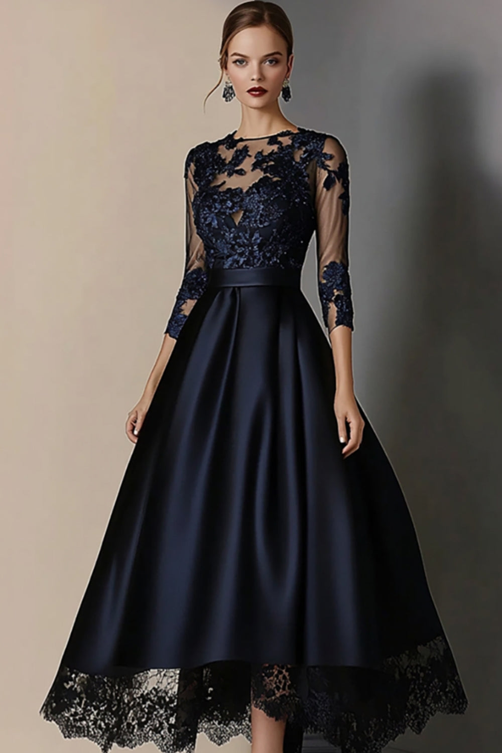 Navy A Line Satin Mother of the Bride Dress with Lace Applique