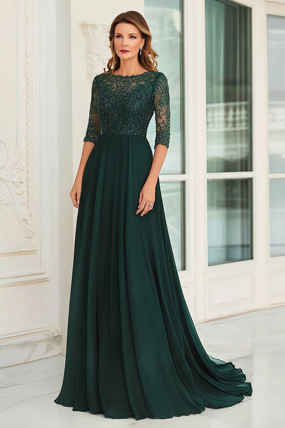 Chiffon A Line Dark Green Applique Mother of the Bride Dress