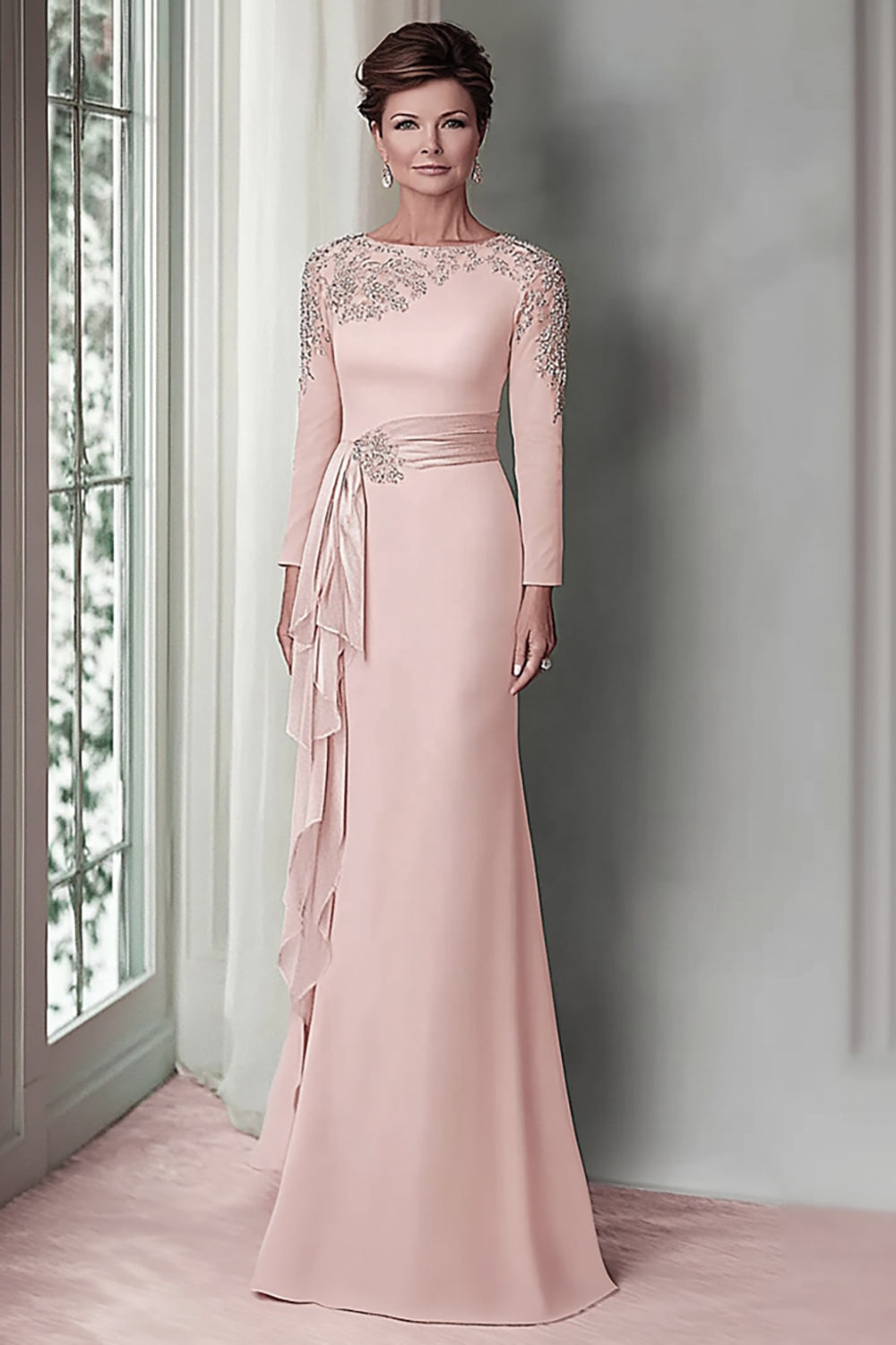 Blush Satin Sheath Mother of the Bride Dress with Ruffles