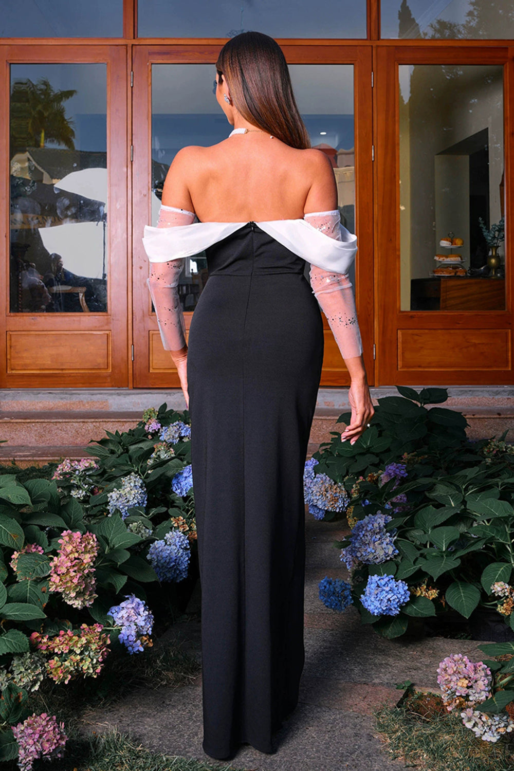 Black Sheath Off the Shoulder Ruched Maxi Formal Dress with Slit
