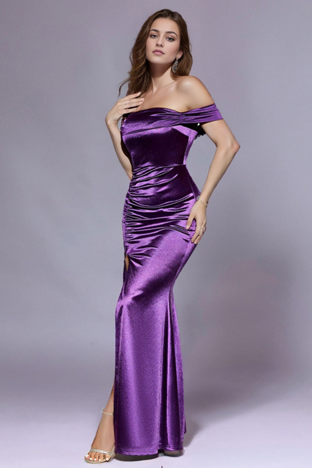 Dark Blue Mermaid Off the Shoulder Floor Length Prom Dress with Slit