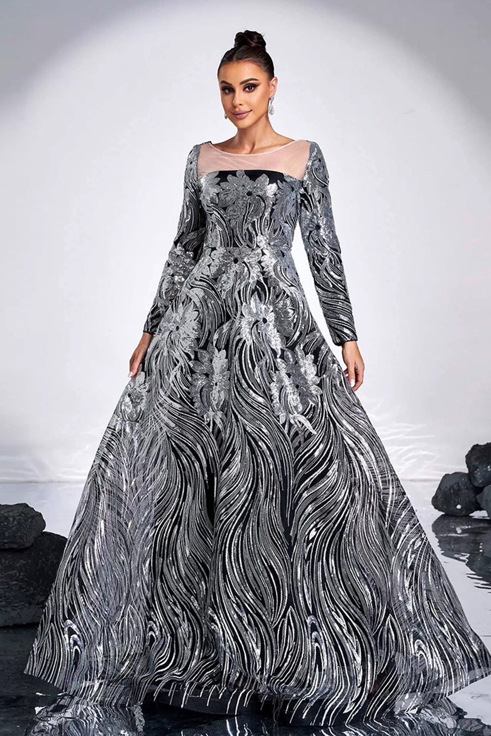 Black Silver Printed A-Line Illusion Neck Long Sleeves Maxi Prom Dress