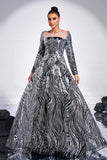 Black Silver Printed A-Line Illusion Neck Long Sleeves Maxi Prom Dress