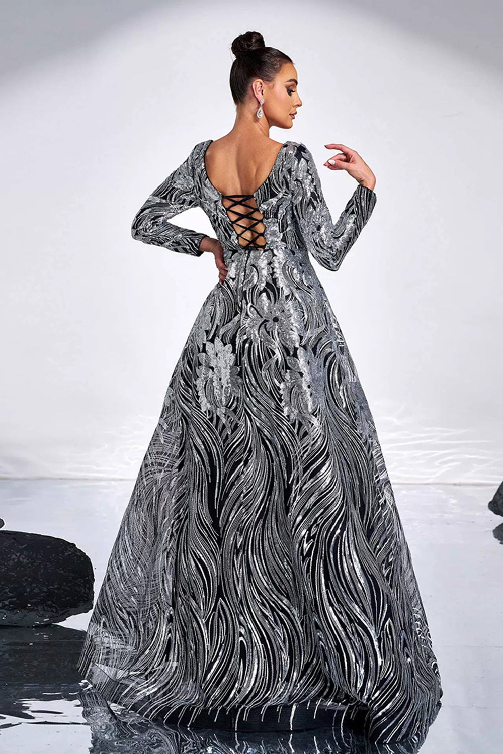 Black Silver Printed A-Line Illusion Neck Long Sleeves Maxi Prom Dress