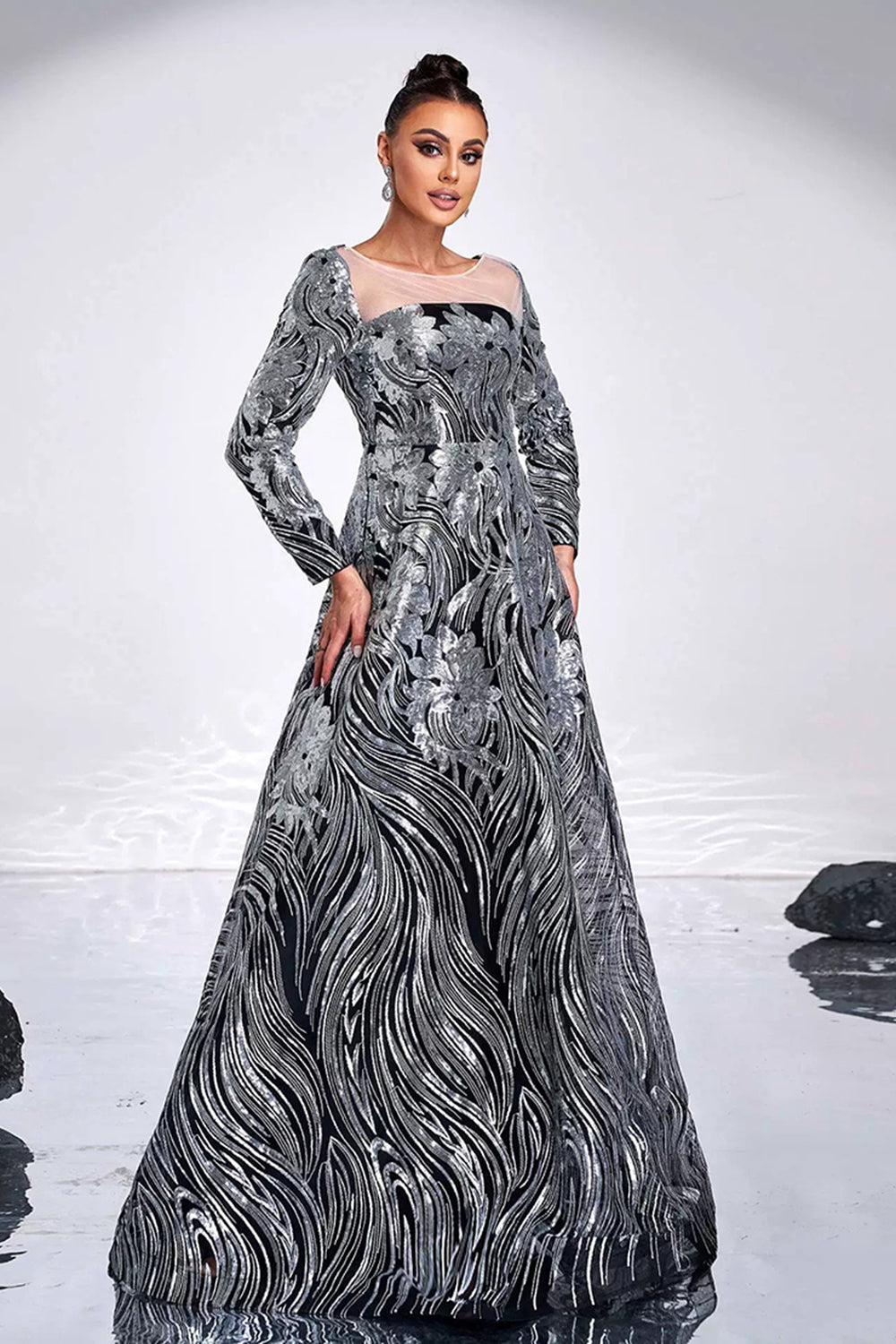 Black Silver Printed A-Line Illusion Neck Long Sleeves Maxi Prom Dress