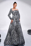 Black Silver Printed A-Line Illusion Neck Long Sleeves Maxi Prom Dress