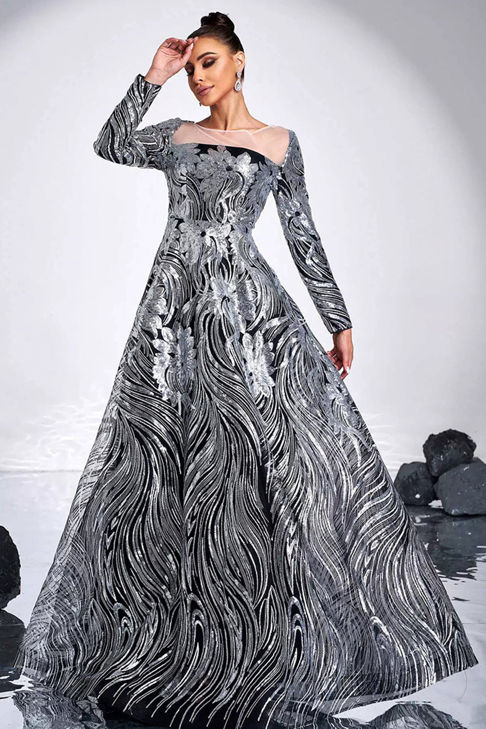 Black Silver Printed A-Line Illusion Neck Long Sleeves Maxi Prom Dress