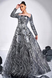Black Silver Printed A-Line Illusion Neck Long Sleeves Maxi Prom Dress