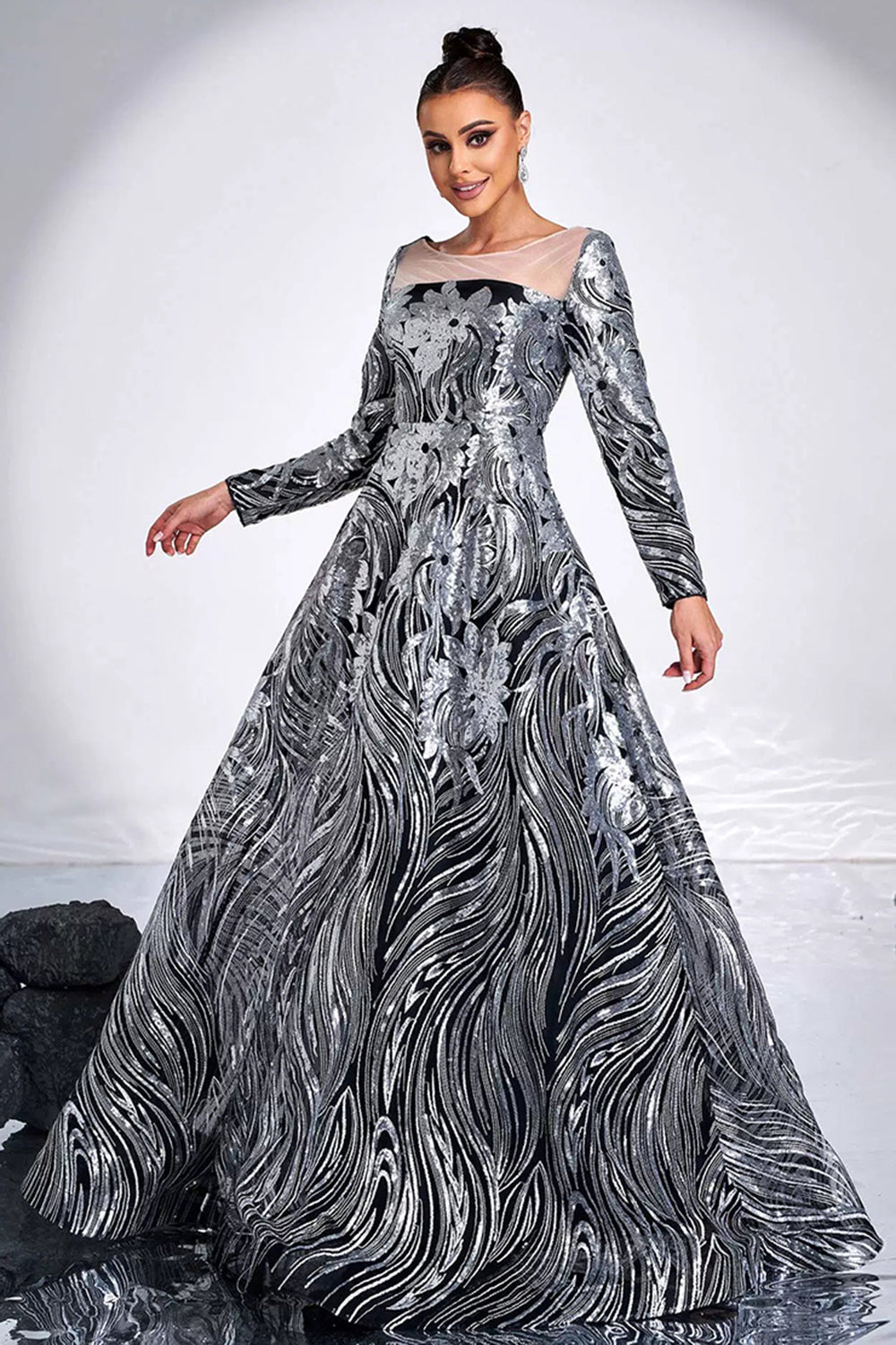 Black Silver Printed A-Line Illusion Neck Long Sleeves Maxi Prom Dress