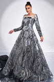Black Silver Printed A-Line Illusion Neck Long Sleeves Maxi Prom Dress