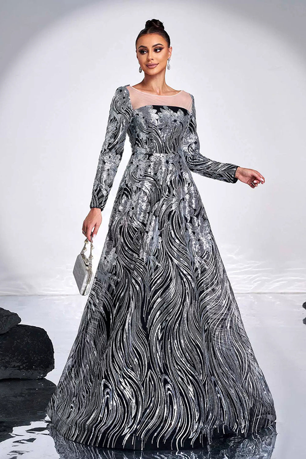 Black Silver Printed A-Line Illusion Neck Long Sleeves Maxi Prom Dress