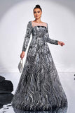 Black Silver Printed A-Line Illusion Neck Long Sleeves Maxi Prom Dress