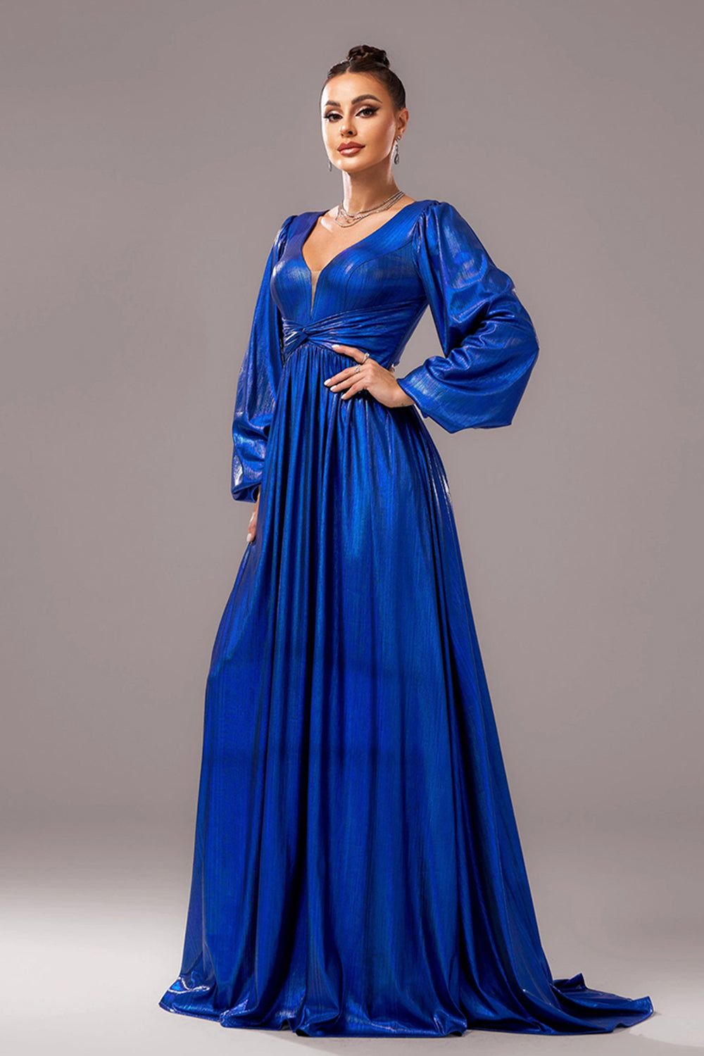 Royal Blue Metallic A-Line V Neck Long Sleeves Pleated Formal Dress