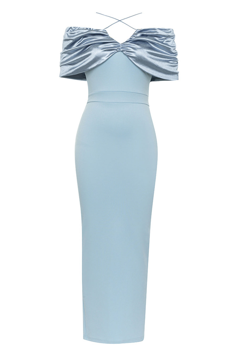 Mermaid Light Blue Off The Shoulder Ruched Satin Long Evening Dress
