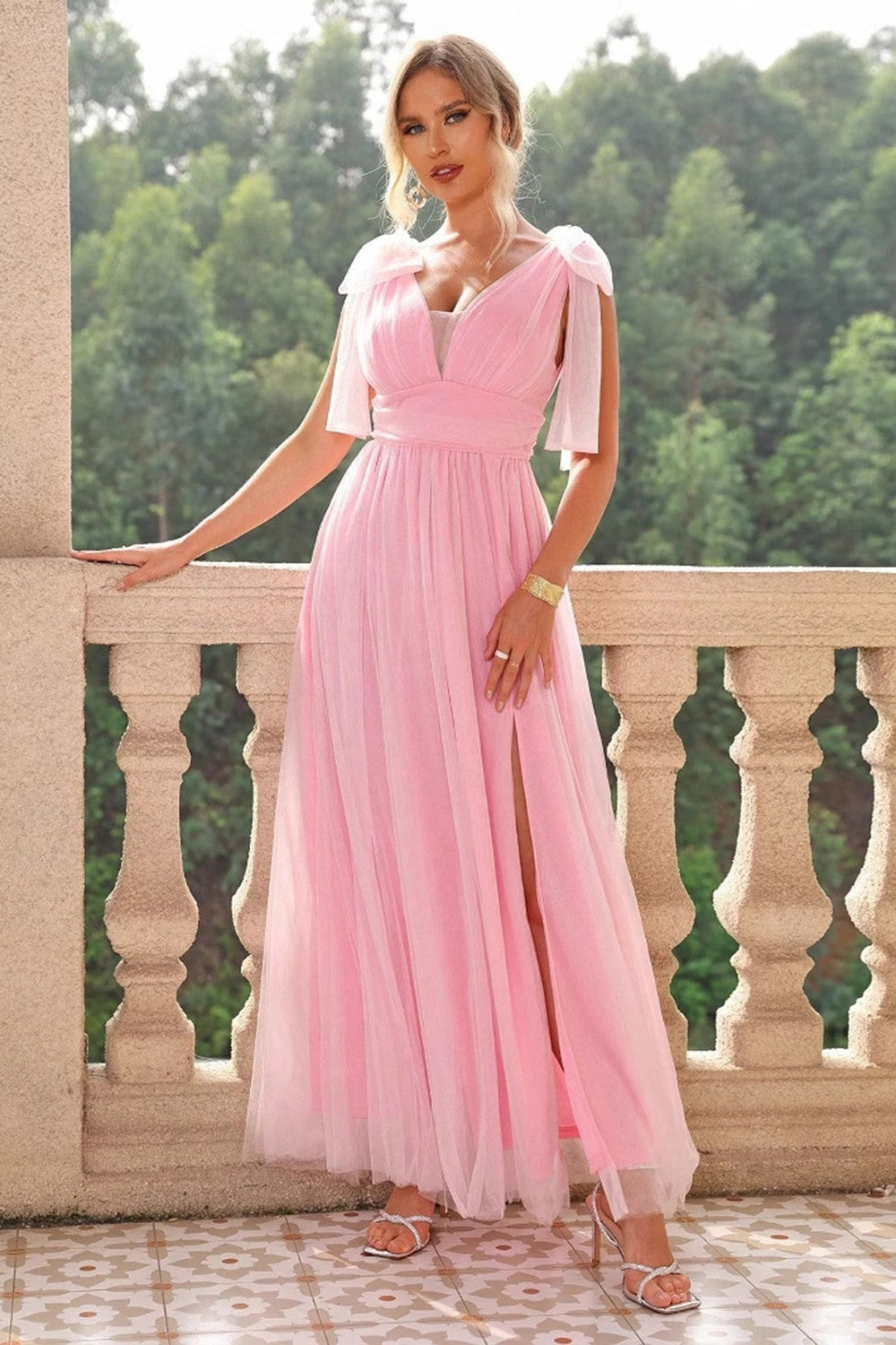 A Line Blush Pink Spaghetti Straps Maxi Bridesmaid Dress with Slit