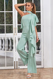 Mint One Shoulder Long Pleated Prom Jumpsuits