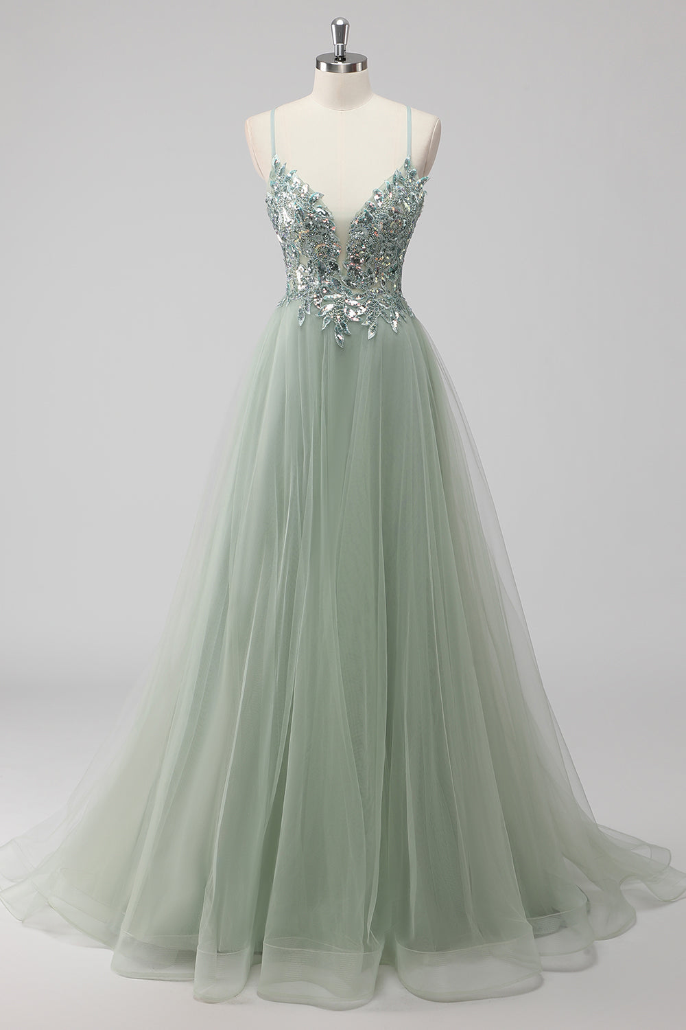 Saprkly Green Sequin A Line Lace Up Back Maxi Prom Dress