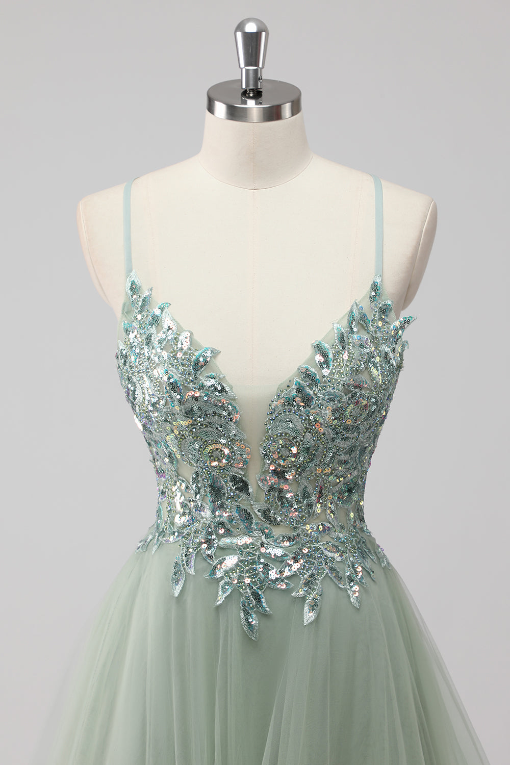 Saprkly Green Sequin A Line Lace Up Back Maxi Prom Dress