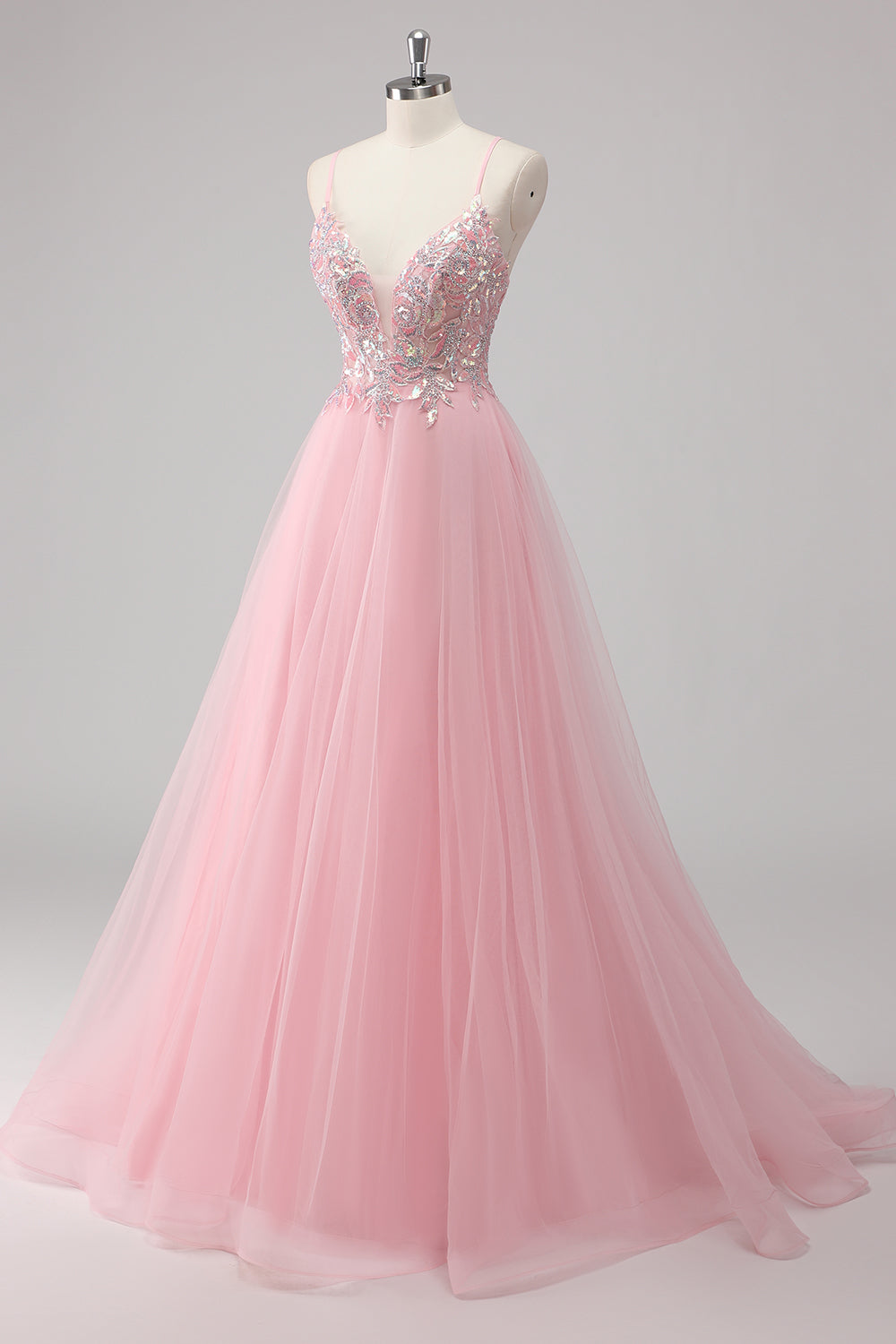 Sparkly Pink A Line Sequin Tulle Maxi Prom Dress