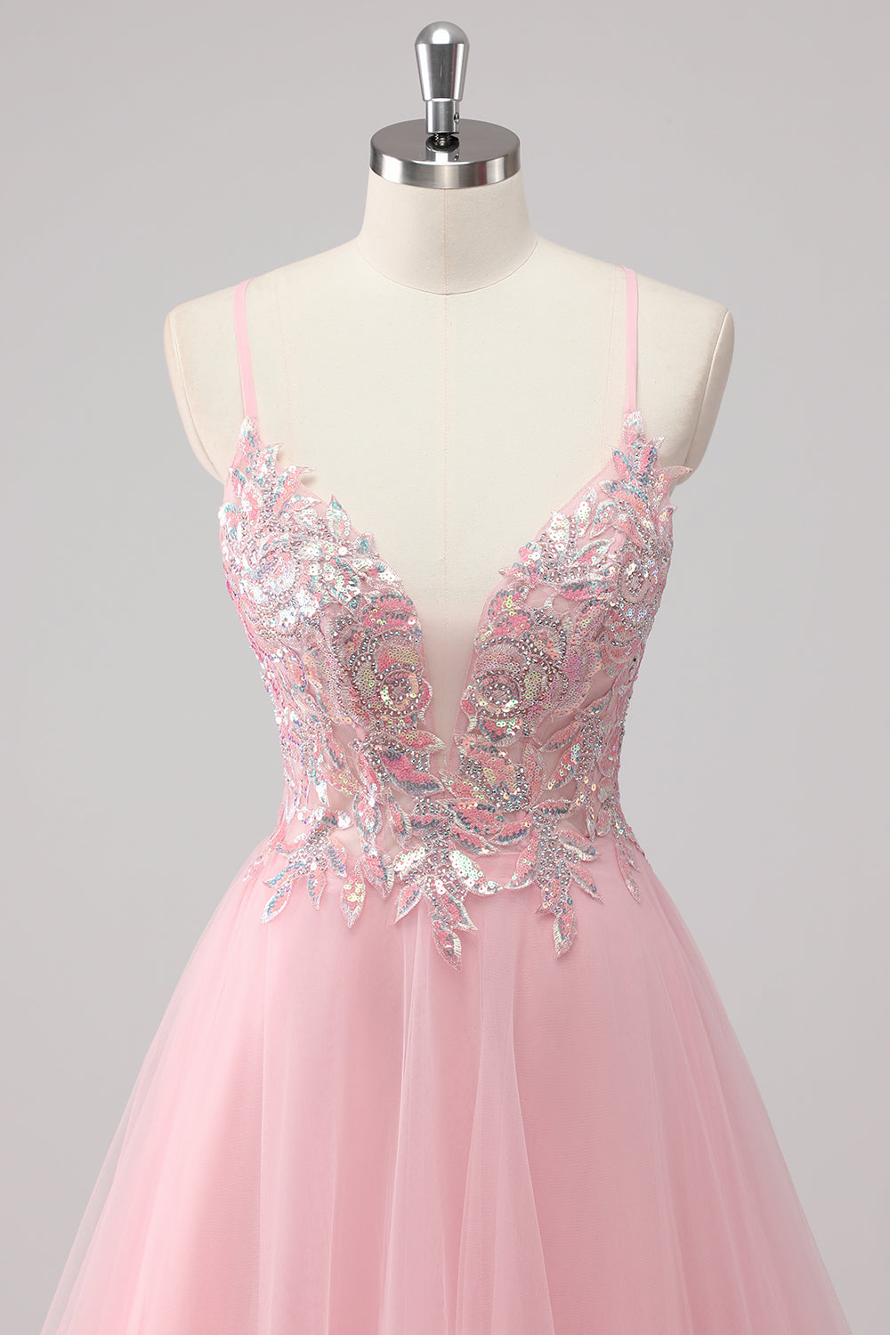 Sparkly Pink A Line Sequin Tulle Maxi Prom Dress