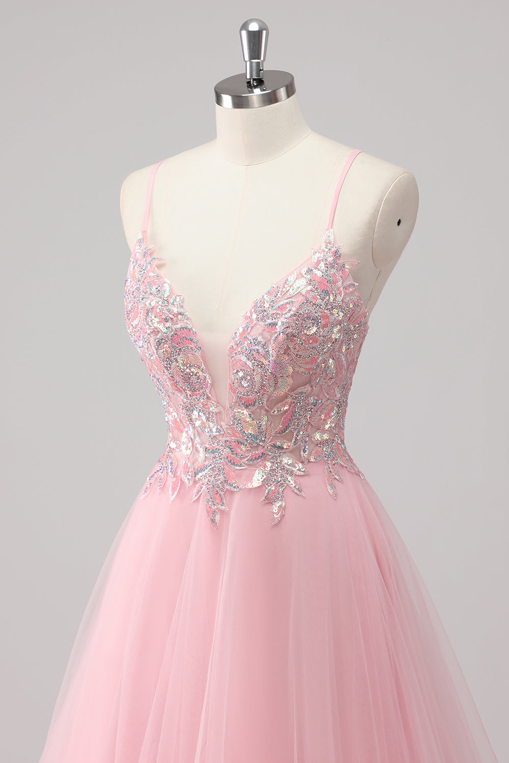 Sparkly Pink A Line Sequin Tulle Maxi Prom Dress