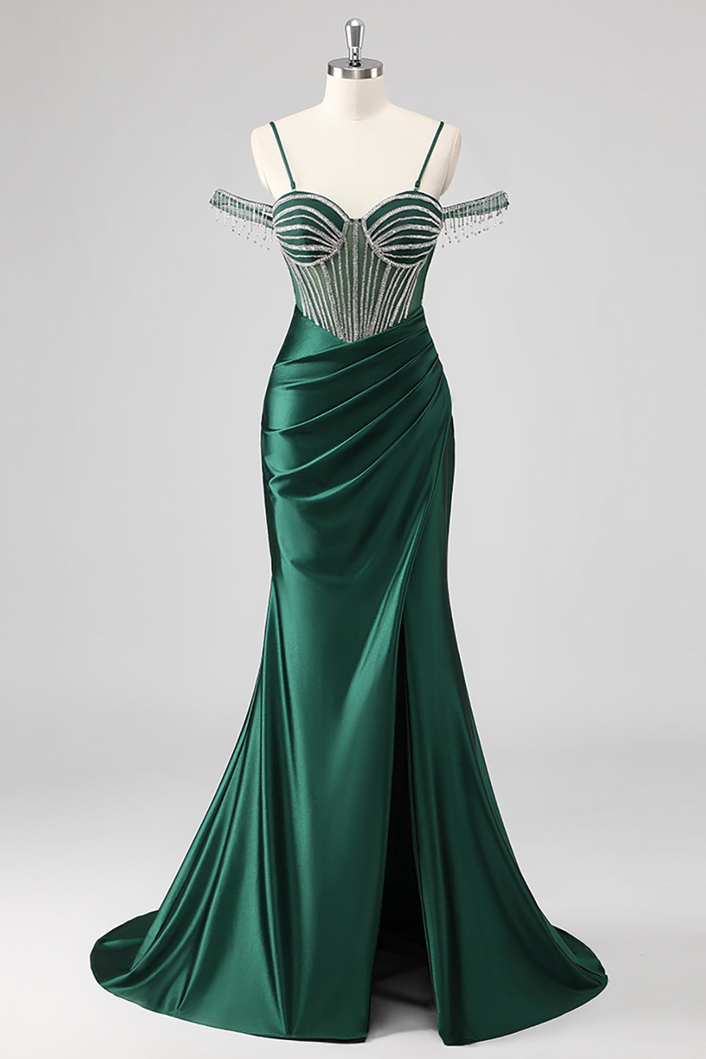Sparkly Dark Green Mermaid Beaded Cold Shoulder Maxi Prom Dress with Slit