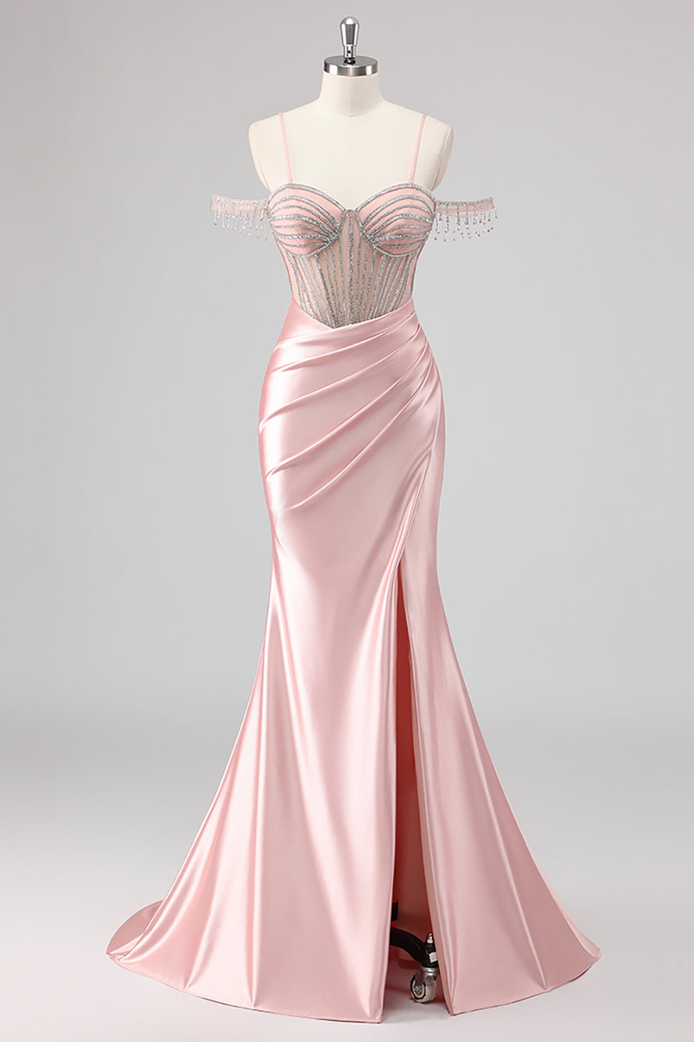 Sparkly Mermaid Cold Shoulder Beaded Maxi Pink Prom Dress with Slit