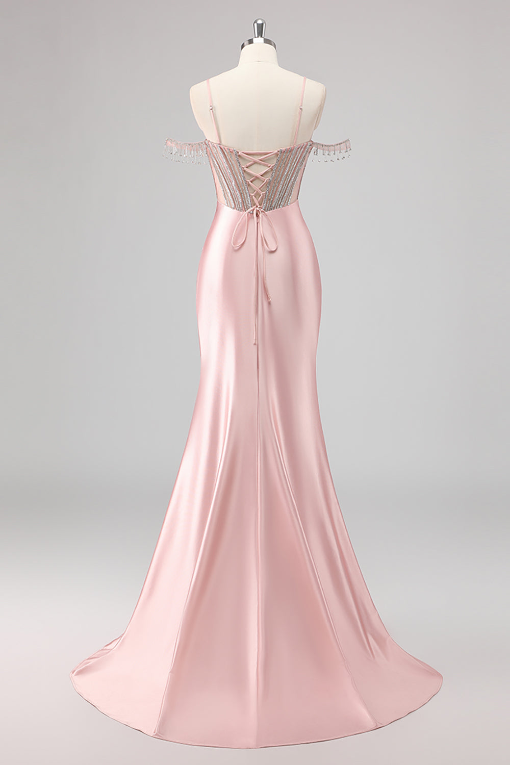 Sparkly Mermaid Cold Shoulder Beaded Maxi Pink Prom Dress with Slit