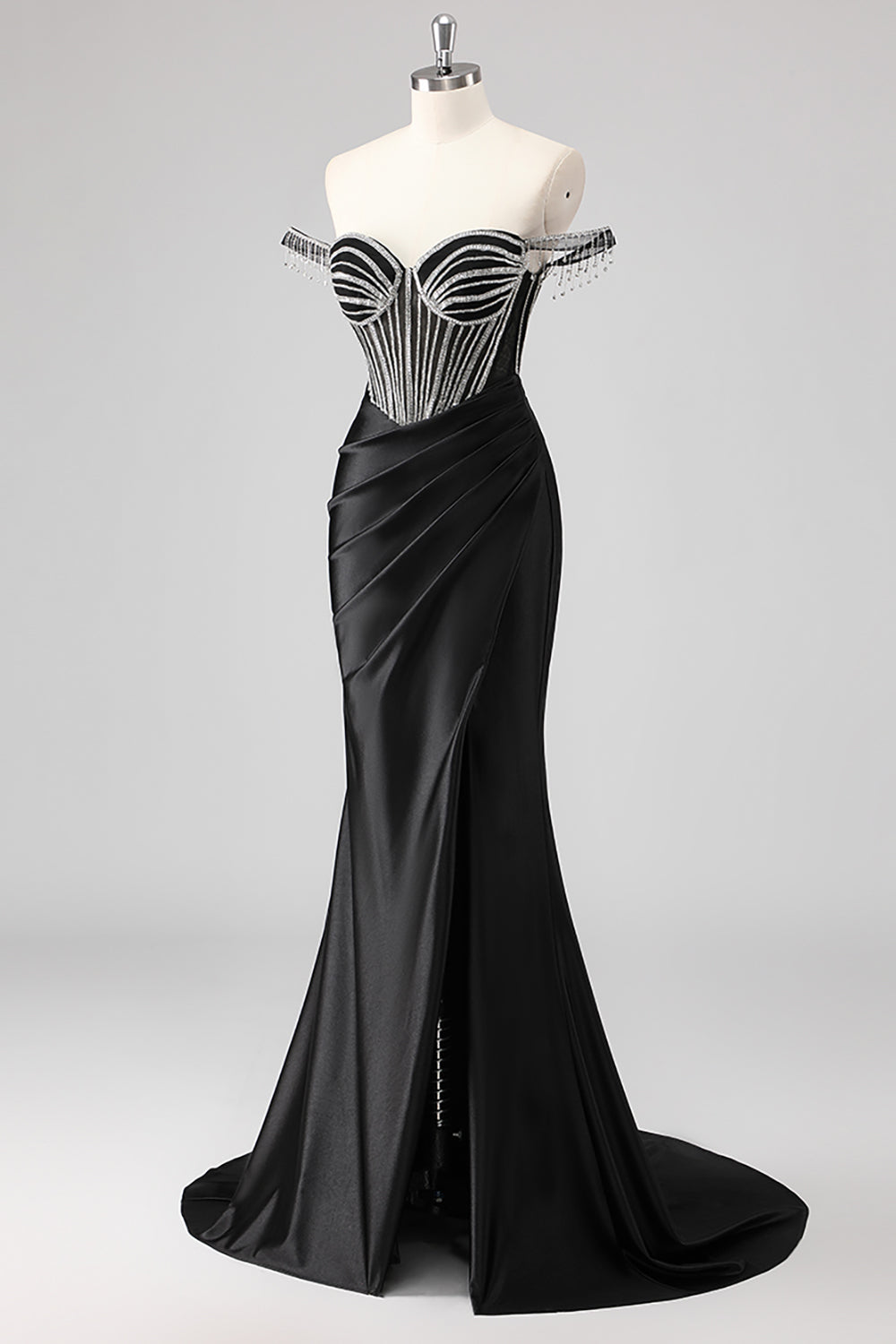 Sparkly Black Mermaid Beaded Maxi Prom Dress with Slit