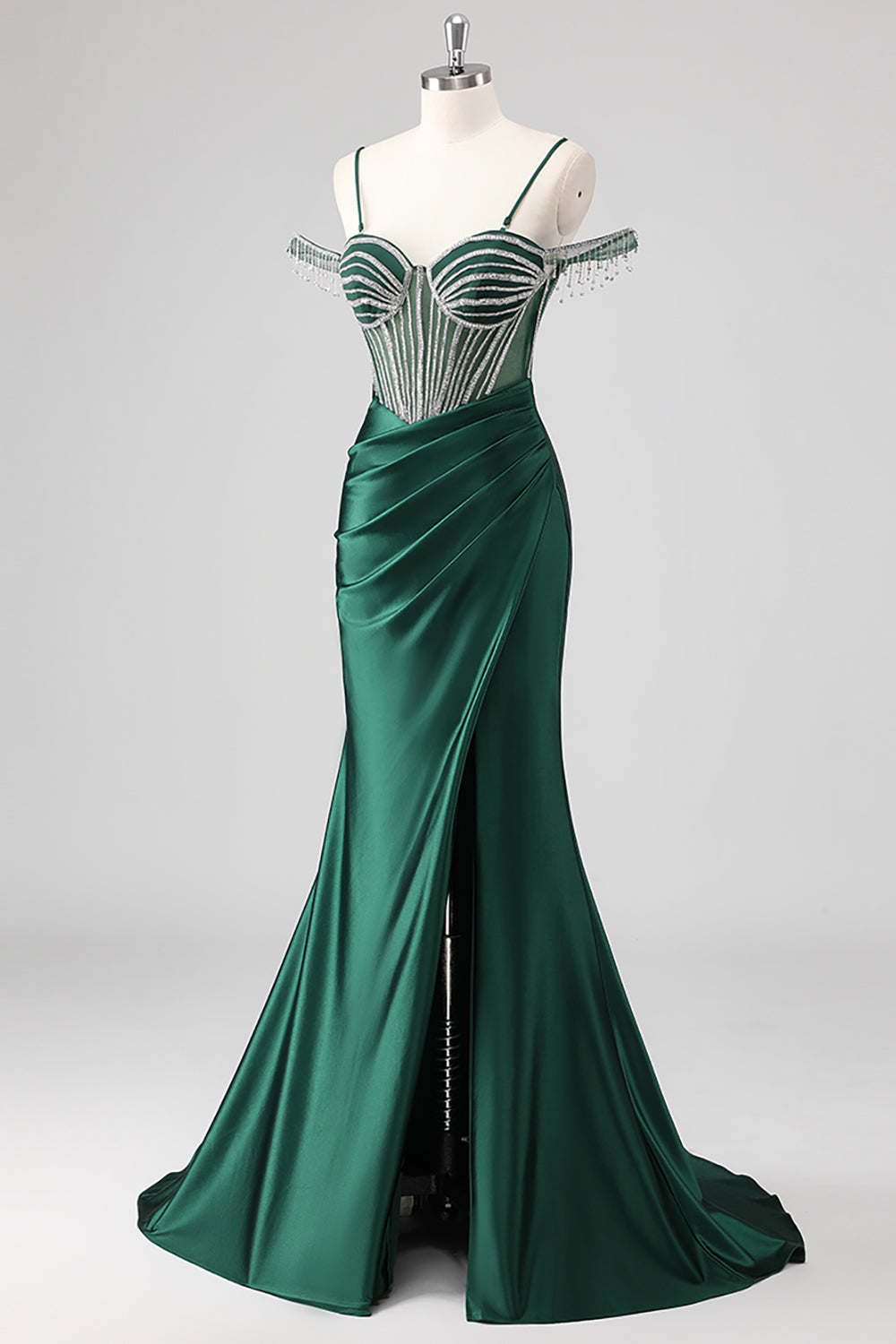 Sparkly Dark Green Mermaid Beaded Cold Shoulder Maxi Prom Dress with Slit