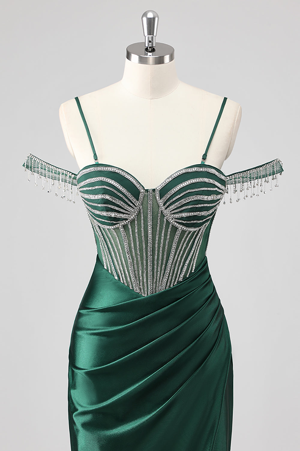 Sparkly Dark Green Mermaid Beaded Cold Shoulder Maxi Prom Dress with Slit