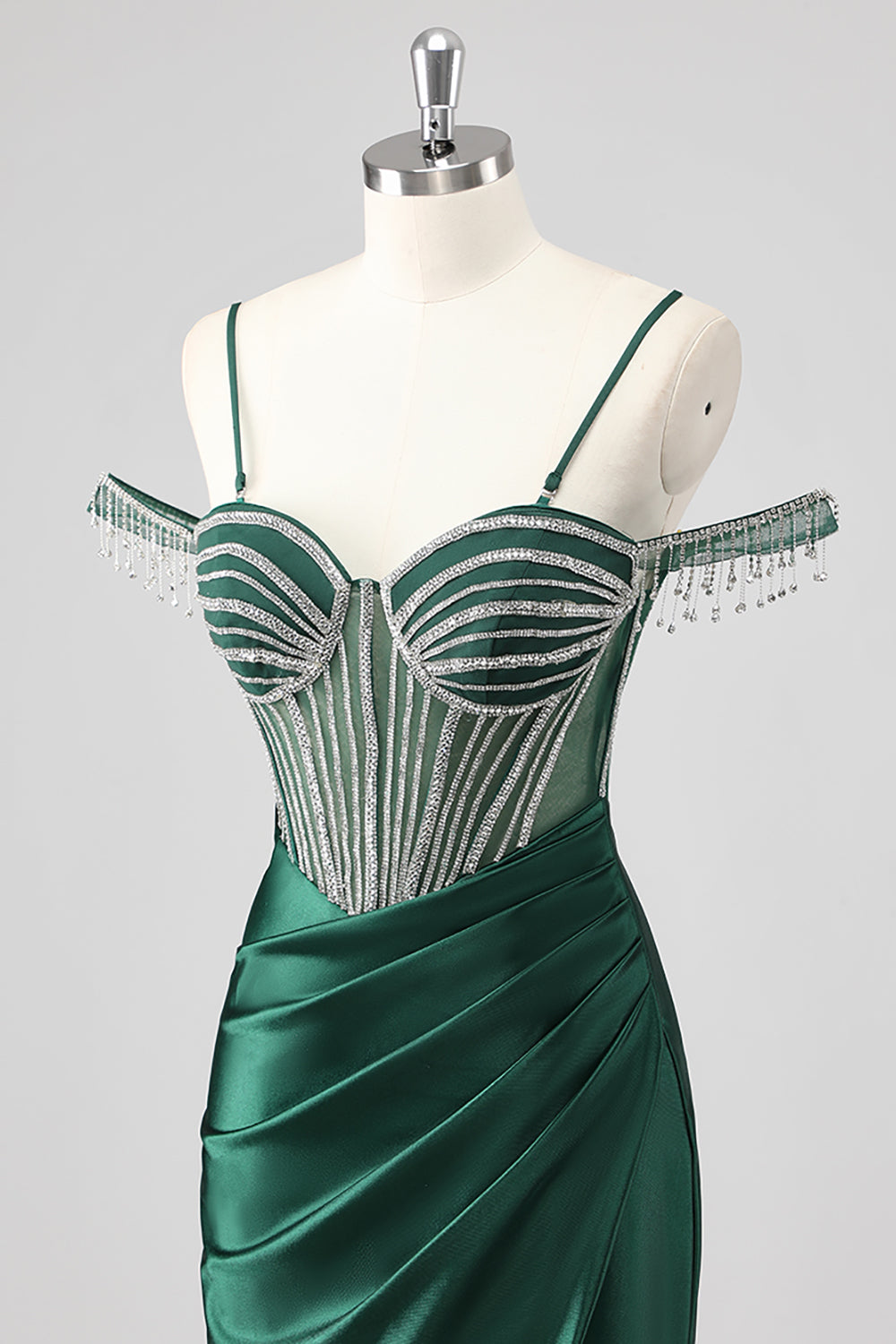 Sparkly Dark Green Mermaid Beaded Cold Shoulder Maxi Prom Dress with Slit