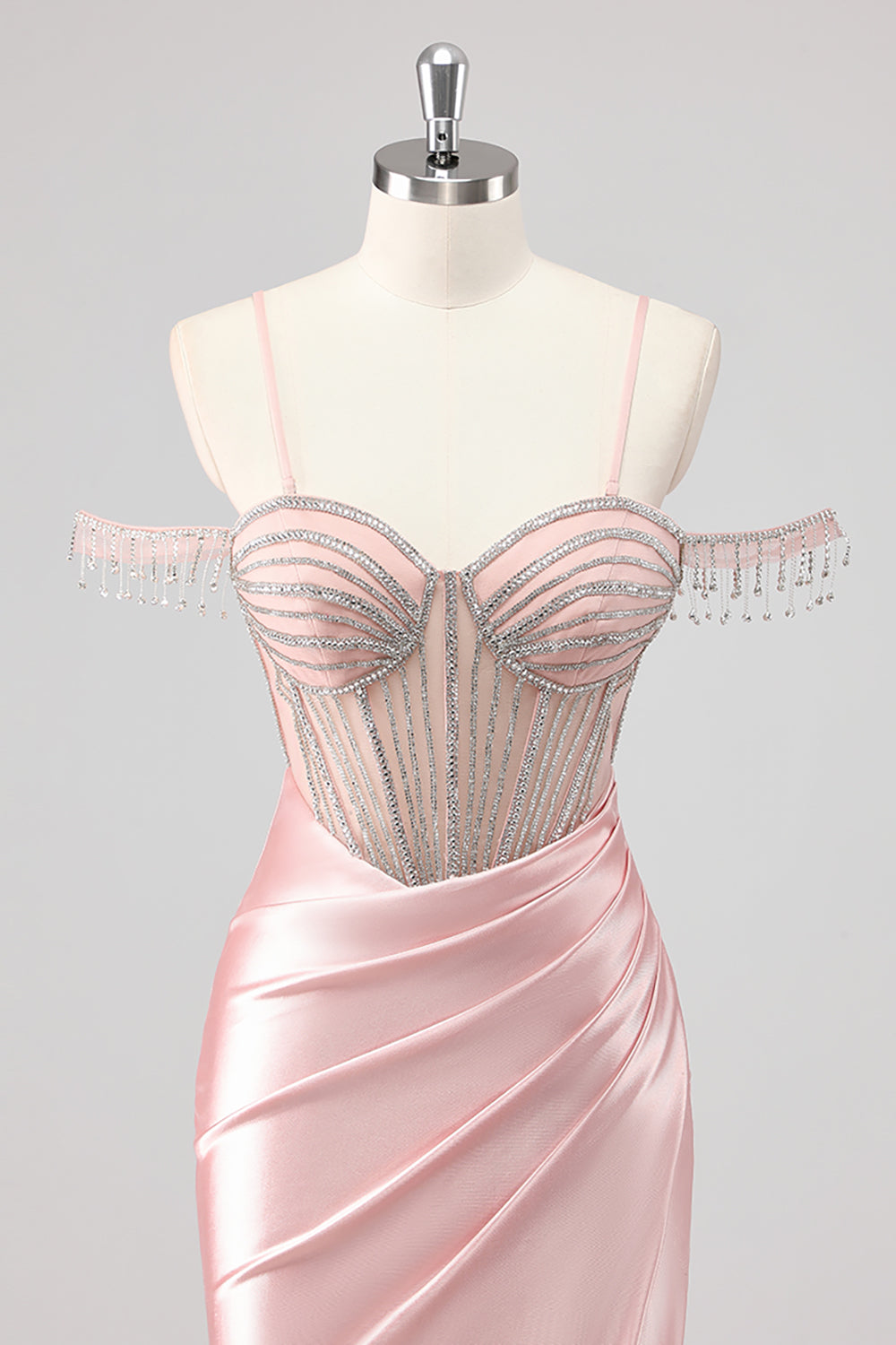 Sparkly Mermaid Cold Shoulder Beaded Maxi Pink Prom Dress with Slit
