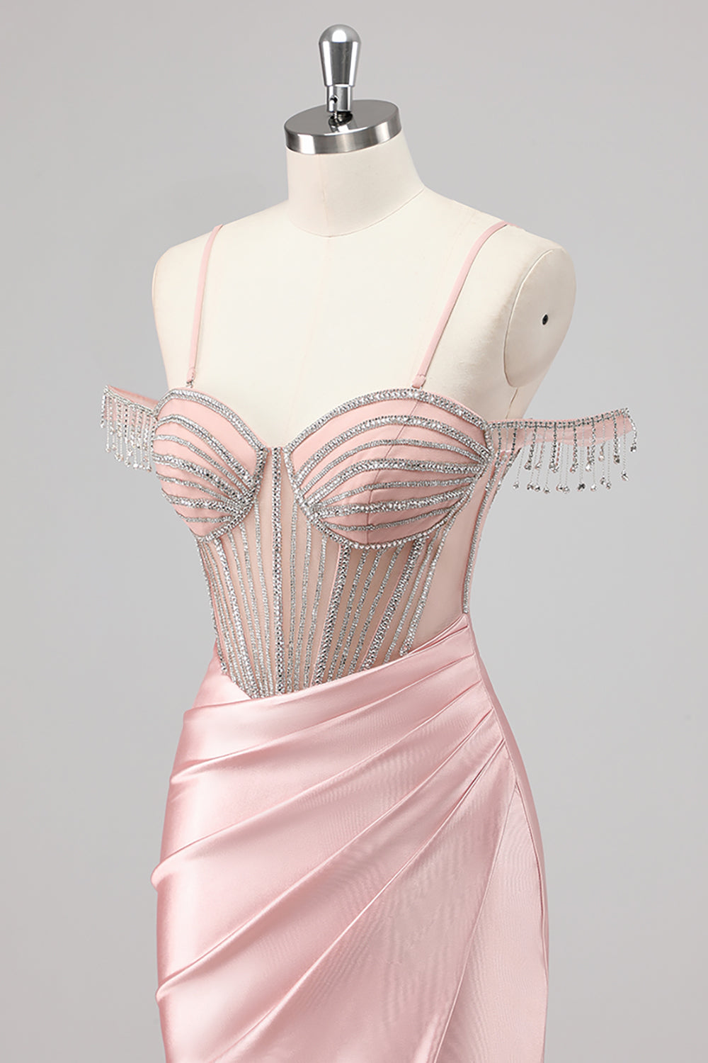 Sparkly Mermaid Cold Shoulder Beaded Maxi Pink Prom Dress with Slit
