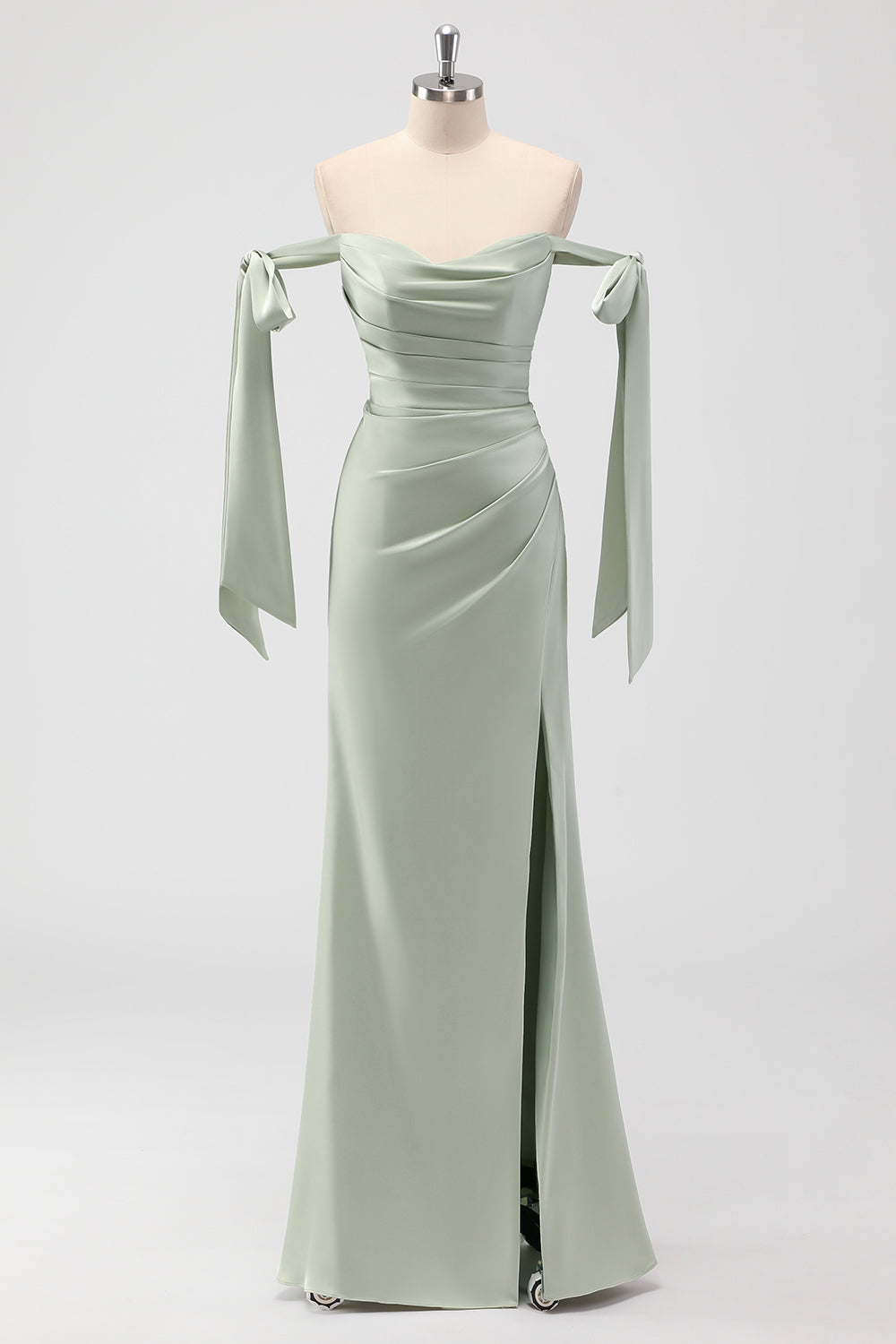 Sage Green Ruched Sheath Satin Bridesmaid Dress with Bows