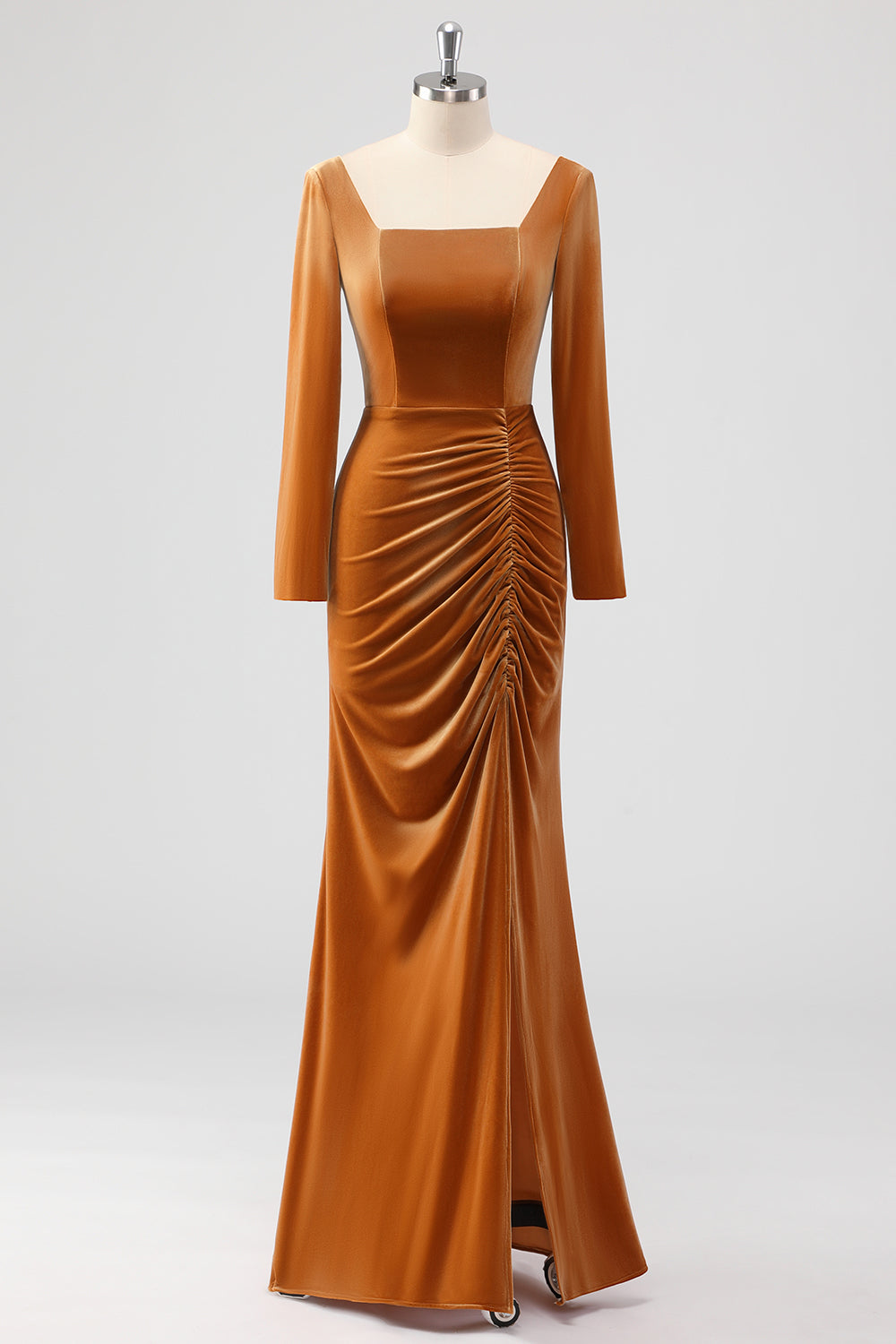 Brown Long Sleeves Sheath Ruched Bridesmaid Dress with Slit