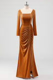 Brown Long Sleeves Sheath Ruched Bridesmaid Dress with Slit